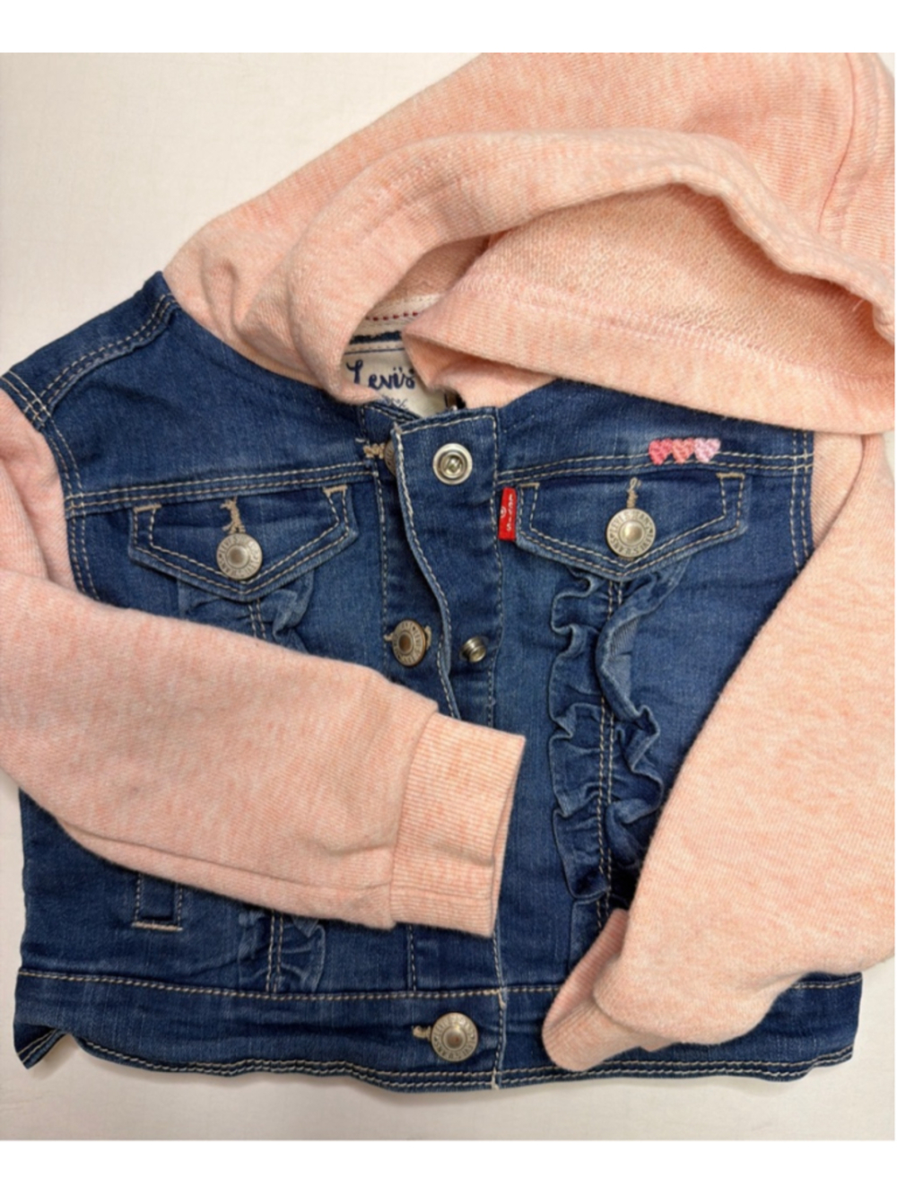 Baby Girl Levi's Hooded Denim Jean Jacket 12 Months Knit Sleeves Snap Front - Picture 5 of 5